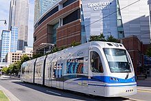 A Siemens S700 streetcar in service on the CityLynx Gold Line in Charlotte, North Carolina, USA. (September 2021) CityLynx Streetcar 402 at Spectrum Center.jpg