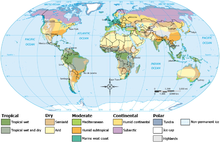 Mapa do mundo dividindo as zonas climáticas, amplamente influenciadas pela latitude.  As zonas, indo do equador para cima (e para baixo) são Tropical, Seca, Moderada, Continental e Polar.  Existem subzonas dentro dessas zonas.