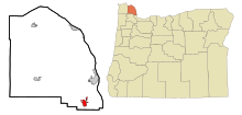 Columbia County Oregon Sisällytetyt ja rekisteröimättömät alueet Scappoose Highlighted.svg