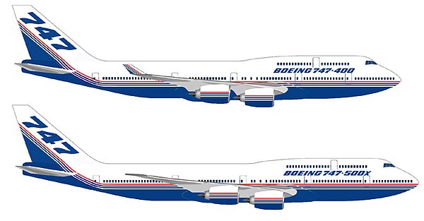 Boeing 747-400 and 747-500X concept. The 747-500X fuselage would have been stretched by 18 ft (5.5 m) to 250 ft (76.2 m) long. The 747X and 747X Stret