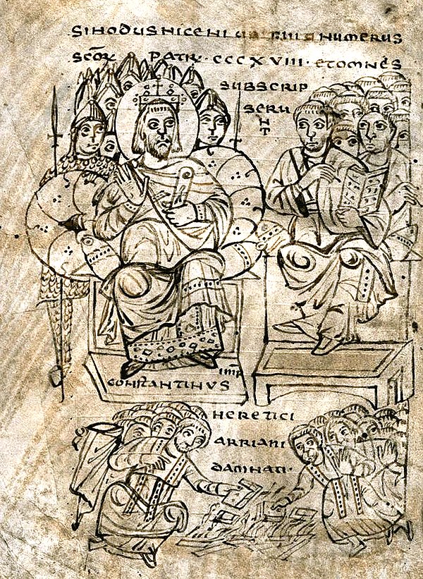 Constantine I burning Arian books, illustration from a book of canon law, c. 825