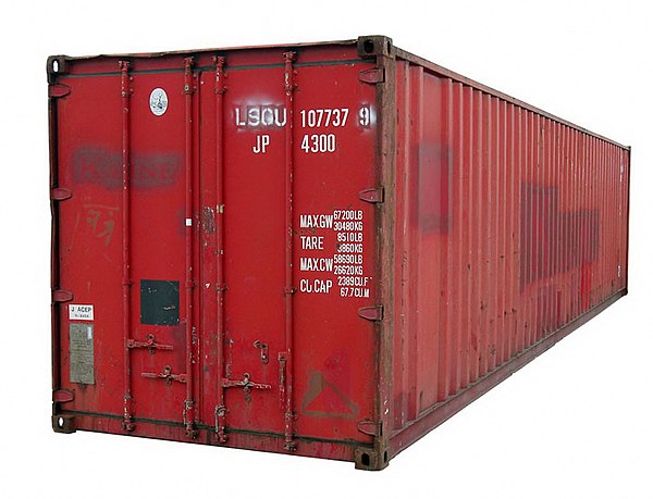 A 40-foot-long (12.2 m) shipping container. Each of its eight corners has an essential corner casting for hoisting, stacking, and securing