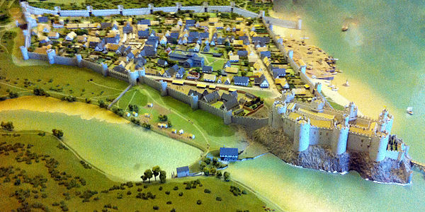 Reconstruction of Conwy Castle and town walls at the end of the 13th century. Model located in Conwy Castle.