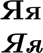 Cyrillic letter Я я, normal above, italics below.