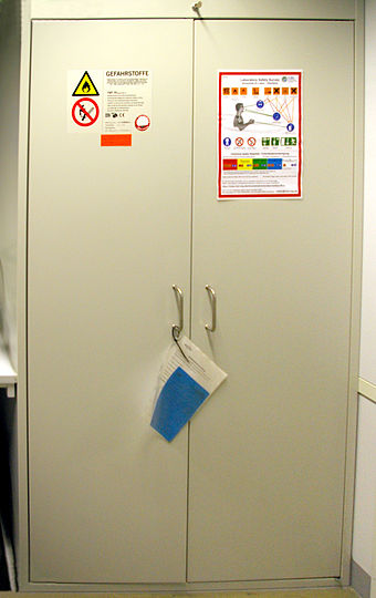 A reinforced, fireproof cabinet for dangerous chemicals