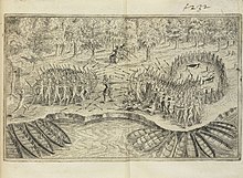 1609 scene, including self-portrait, reprinted from Deffaite des Yroquois au Lac de Champlain (Defeat of the Iroquois of Lake Champlain), drawn by Samuel de Champlain (1613) Defaite des Yroquois au Lac de Champlain, 1609.jpg