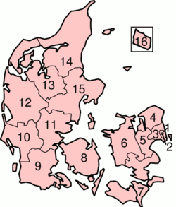 Map of Denmark showing the former counties