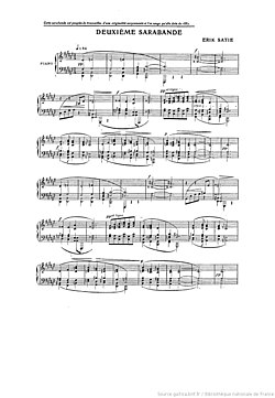 Première page de la Deuxième Sarabande présentant trois systèmes de deux portées chacun.