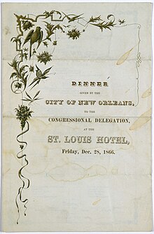 Dinner given by the City of New Orleans, to the Congressional delegation, at the St. Louis hotel, Friday, Dec. 28, 1866 DinnerStLouisHotelNOLA1866cover.jpg