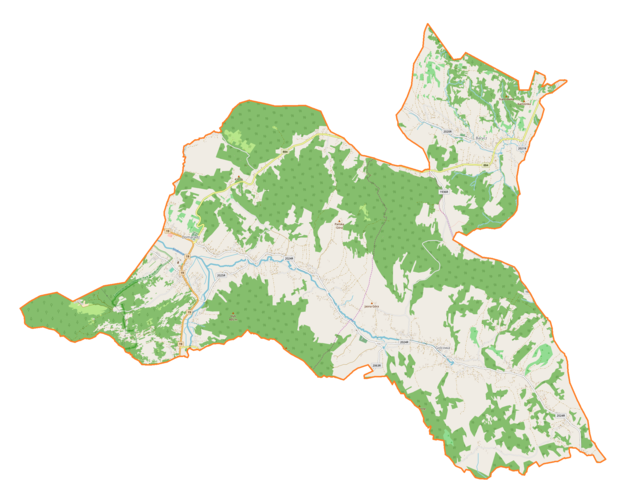 Mapa konturowa gminy Domaradz, po lewej znajduje się punkt z opisem „Kościółśw. Mikołajaw Domaradzu”