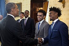 Jones meeting President Barack Obama with Duke teammates in 2015 Duke Blue Devils White House 2015.jpg