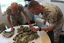 Pieces of a Kevlar helmet used to help absorb the blast of a grenade Dunham helmet.jpg