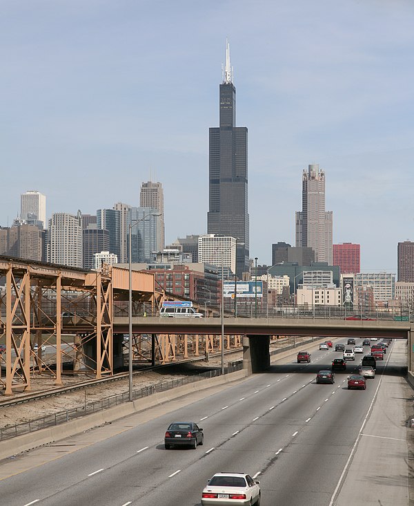 The Eisenhower Expressway at the Ashland Avenue Overpass looking east towards downtown. The 'Ike' as it is known locally, runs parallel to the CTA's B