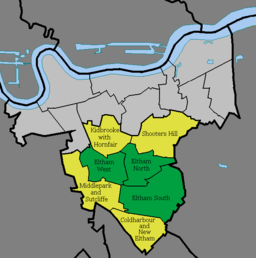 Map 1. The three current Eltham electoral wards (green), in the Eltham constituency (yellow) within the Royal Borough of Greenwich (light grey) Eltham wards.png