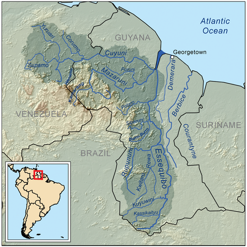 Map of Guyana, showing the Essequibo River and (shaded dark) the river's drainage basin. Venezuela claims territory up to the western bank of the river. The historical claim by the UK included the river basin well into current-day Venezuela.