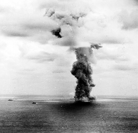 Explosion of the battleship Yamato after being attacked by US Navy aircraft.
