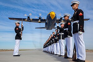 #12: A U.S. Marine Corps C-130T Hercules aircraft with the Blue Angels, the Navy's flight demonstration squadron – Attribution: DoD photo by Staff Sgt. Oscar L. Olive IV, U.S. Marine Corps/Released. (flickr) (PD-USGov-Marines)