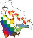 Flag-map of Bolivia, Wiphala, bandera de la flor de Patujú, bandera Guaraní & bandera de las tierras bajas de La Paz.svg