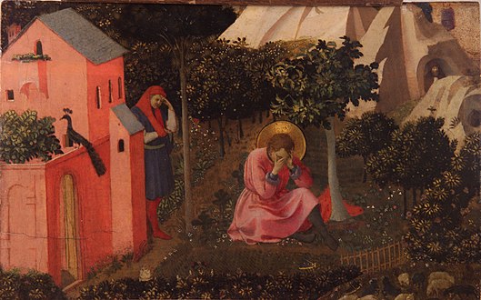 Tablica.  Mężczyzna modli się w ogrodzie przed kościołem.