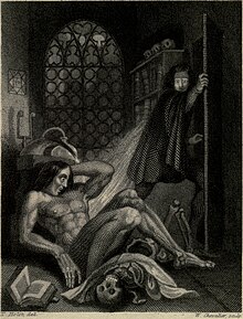 Illustration from the inside cover of Frankenstein, or the Modern Prometheus (Revised Edition, 1831). Frankenstein, or the Modern Prometheus (Revised Edition, 1831) 006.jpg