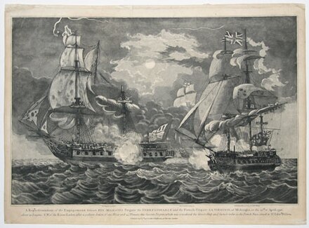 Razee HMS Indefatigable (right) fights Virginie, 1796, by John Fairburn