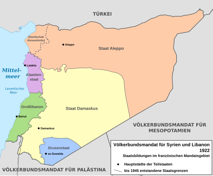 Karte des französischen Völkerbundmandats für Syrien und Libanon und der darin geschaffenen Staaten, 1922