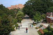 Tech Walkway as viewed from the Student Center, with the Library in the background. Georgia Tech Skiles walkway.jpg