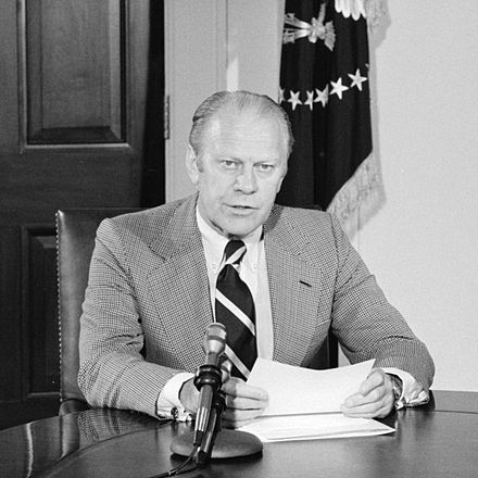 President Gerald Ford announces amnesty for draft evaders at the White House, Washington, D.C., in 1974.