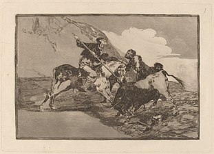 Νο. 1: Modo con que los antiguos Espanoles cazaban los toros a caballo en el campo ("Way the ancient Spanish hunted the bulls on horse in the field")