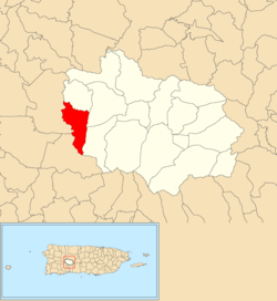 Lage des Guayo Barrio in der Gemeinde Adjuntas in rot dargestellt