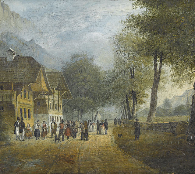 Höhenweg der Aarmühle nach Interlaken painting of Aarmühle by Jules-Louis-Frédéric Villeneuve from 1823