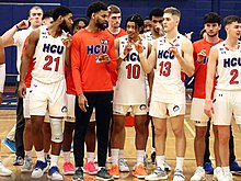 Members of the men's basketball team at Sharp Gymnasium in 2023 HCU vs Texas A&M Commerce MBB 1-12-23 (61).jpg