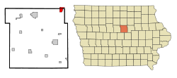 Location of Ackley in شهرستان هاردین، آیووا (left) and Hardin County in آیووا (right)
