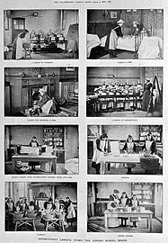Photographs in the London illustrated news of girls receiving lessons in domestic skills (1883)