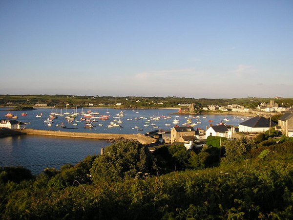 The harbour at Hugh Town, looking east; the quay is where the Scillonian III berths.