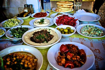 Typical traditional Arab meal served at the popular "Lebanese Restaurant" in Abu Ghosh