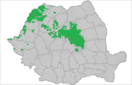 Communes où le hongrois bénéficie d'un statut spécial à côté du roumain, et qui sont ainsi bilingues, avec les pourcentages des locuteurs.