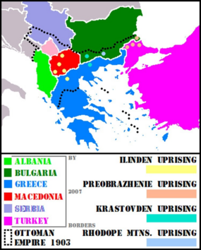 Mapa povstání v regionech Makedonie a Thrákie. Současné hranice jsou viditelné, spolu s osmanské hranice v té době.