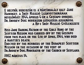 Plaque at the Scottish Mission, Budapest