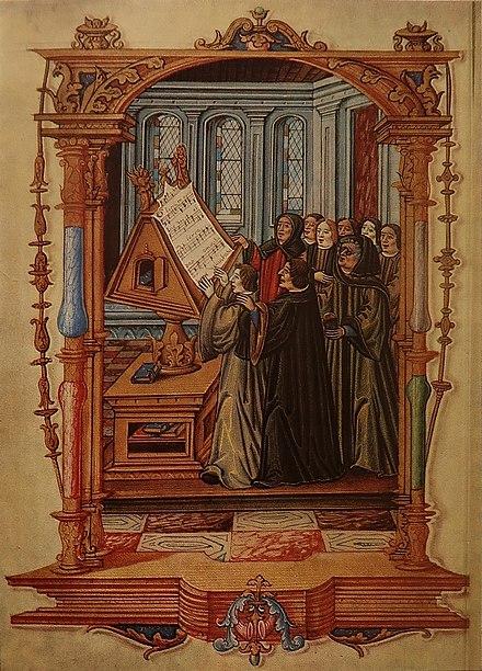 Ockeghem and singers of the royal chapel in a posthumous 1523 miniature