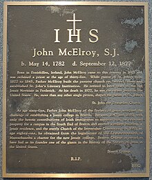 John McElroy plaque at St. John's Cemetery John McElroy SJ Plaque St Johns Cemetery 2012.JPG