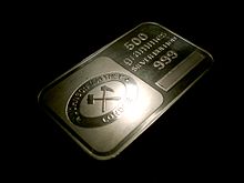 500 g silver bullion bar produced by Johnson Matthey Johnson Matthey 500 grammes silver bullion.jpg