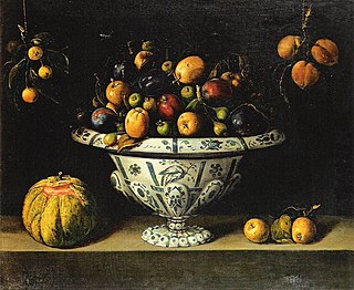 Painting “Faience fruit bowl with passion fruit, crab apples and pears” by Juan van der Hamen y León