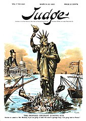 Anti-immigrant cartoon expressing opposition to the construction of Ellis Island (Judge, March 22, 1890)