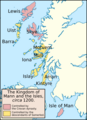 Clann Somhairle (yellow) c.1200: Kintyre nad Morvern (mainland Scotland) and Mull, Islay etc (islands)