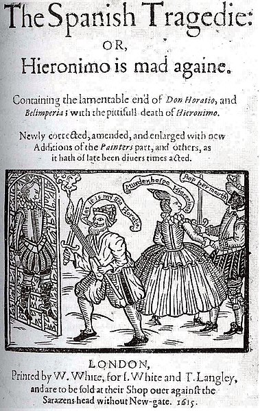 Title page of Kyd's The Spanish Tragedy, with a woodcut showing (left) the hung body of Horatio discovered by (centre) Hieronymo; and Bel-imperia bein
