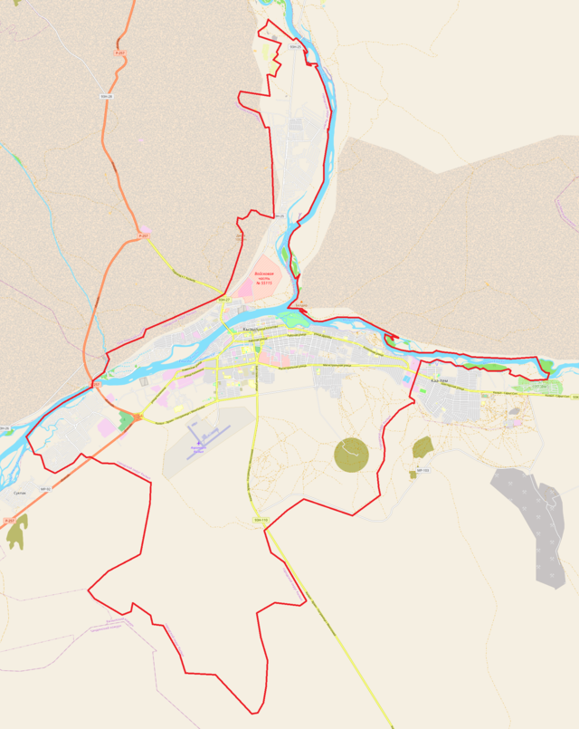 Mapa konturowa Kyzyła, blisko centrum na lewo znajduje się punkt z opisem „KYZ”