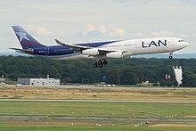 A former LAN Airlines Airbus A340-300 landing at Frankfurt Airport in 2010