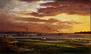 Painting of a sunset over a waterfront harbour