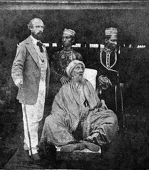 Bahadur Shah II with his sons Mirza Jawan Bakht and Mirza Shah Abbas along with a British personnel while he was in exile in Burma